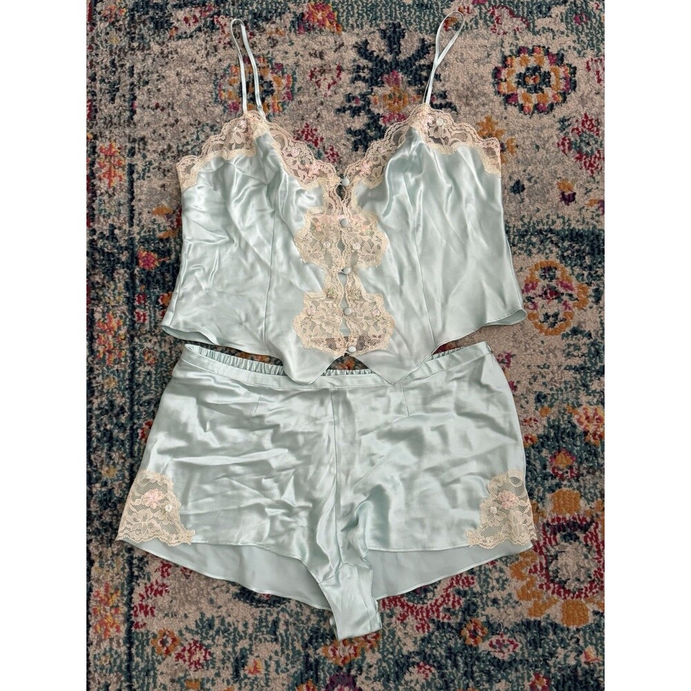 Vtg Victoria's Secret Ballad Blue Button Satin Lace Cami Set Size Medium Y2k